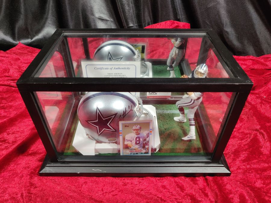 Troy Aikman Cowboys Autographed Mini Helmet Shadowbox w/ Rookie Card + Figure