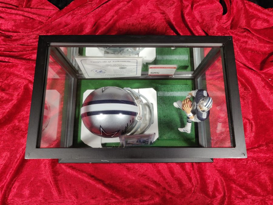 Troy Aikman Cowboys Autographed Mini Helmet Shadowbox w/ Rookie Card + Figure