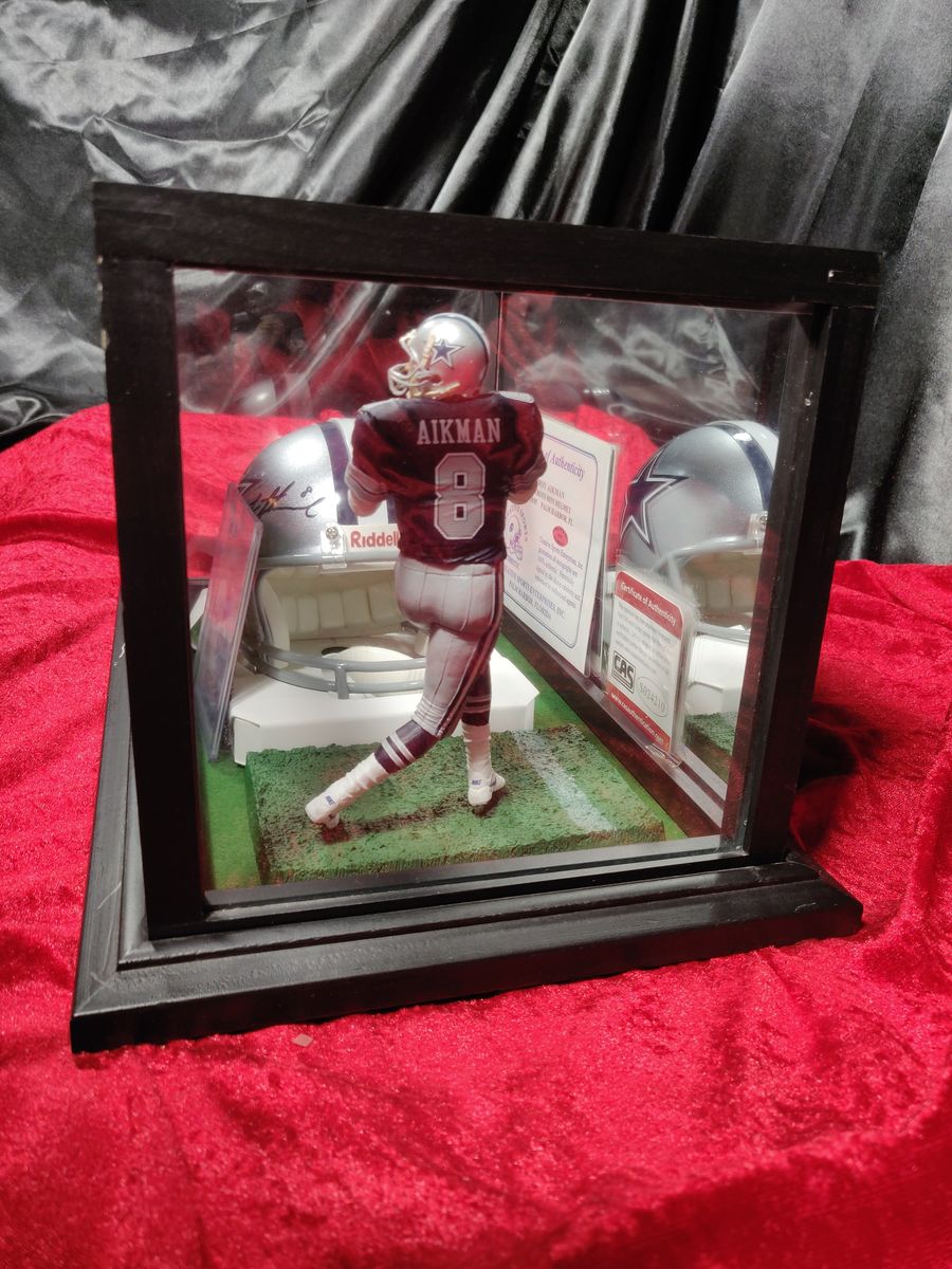 Troy Aikman Cowboys Autographed Mini Helmet Shadowbox w/ Rookie Card + Figure