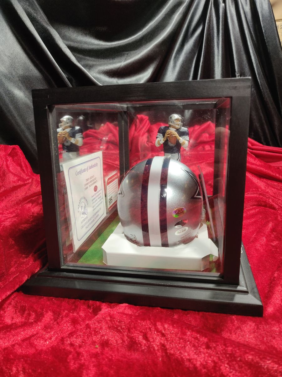 Troy Aikman Cowboys Autographed Mini Helmet Shadowbox w/ Rookie Card + Figure