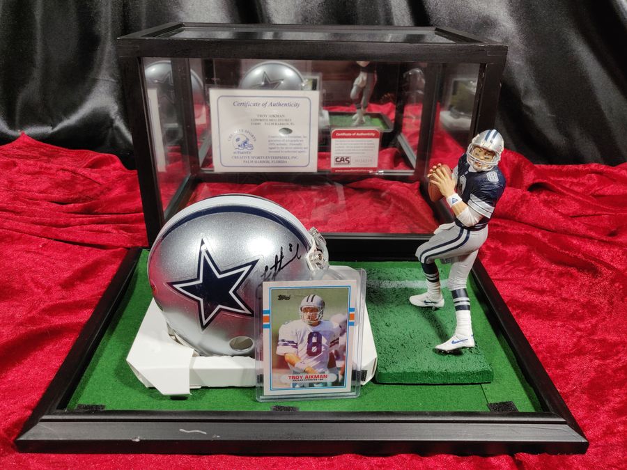 Troy Aikman Cowboys Autographed Mini Helmet Shadowbox w/ Rookie Card + Figure