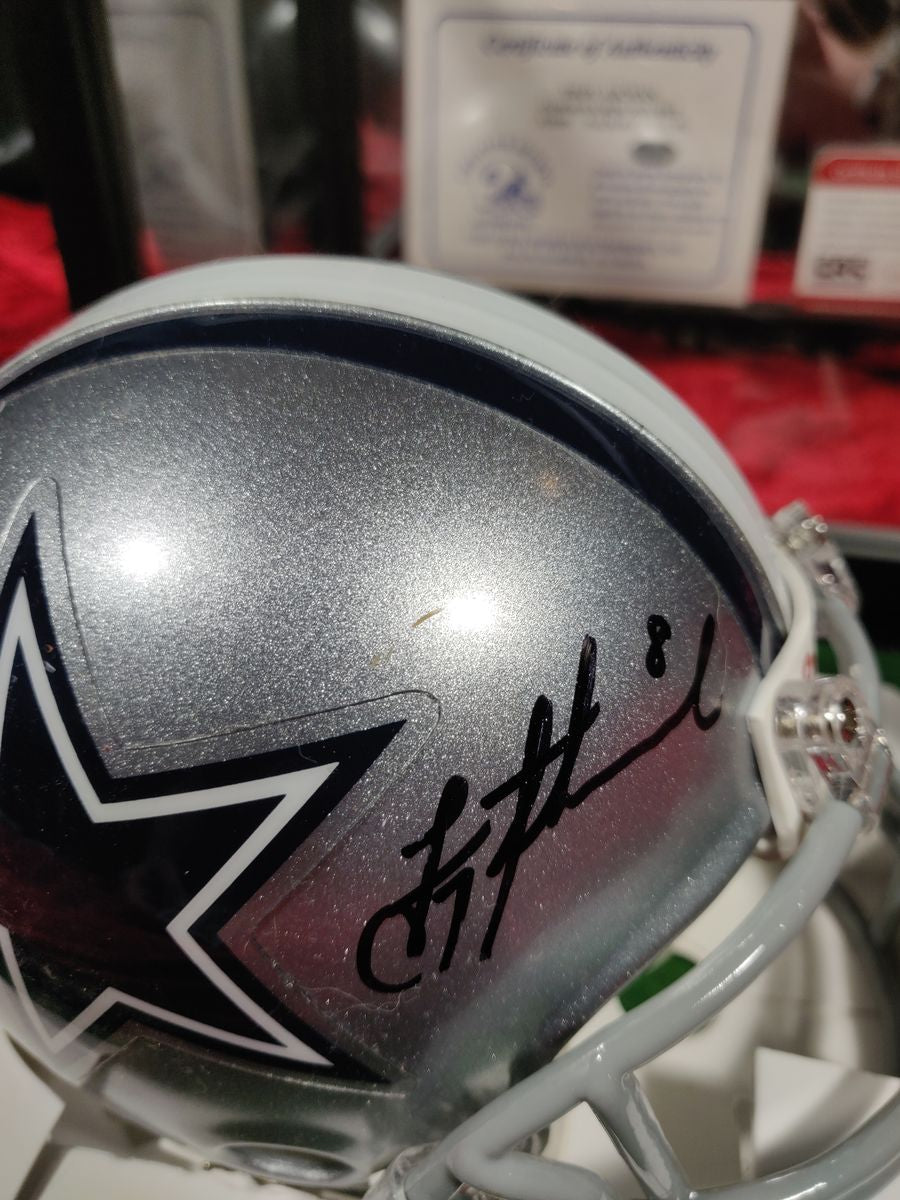 Troy Aikman Cowboys Autographed Mini Helmet Shadowbox w/ Rookie Card + Figure