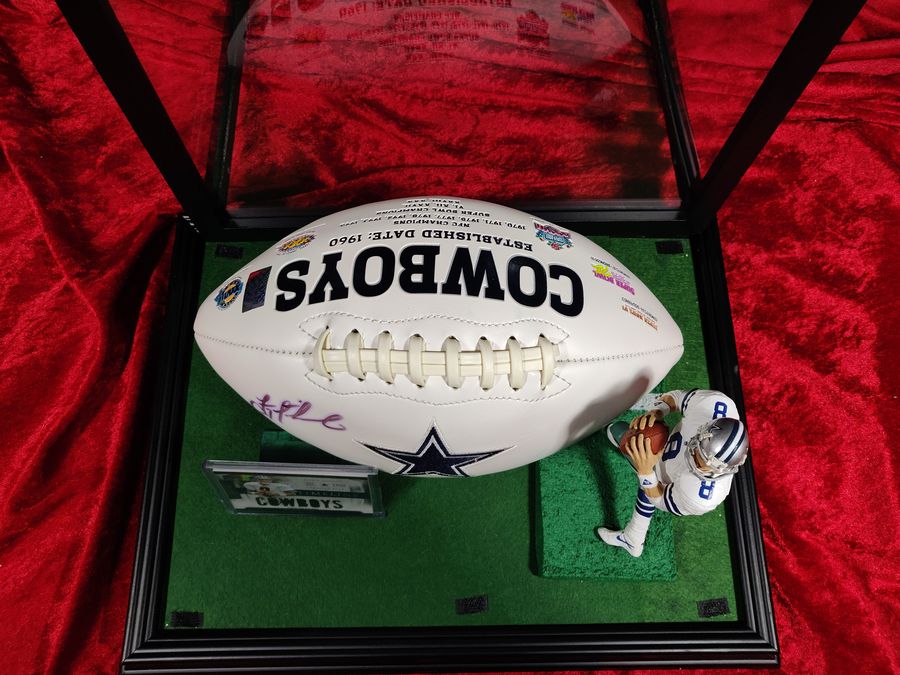 Troy Aikman Dallas Cowboys Autographed Football Shadowbox with Card and Figure