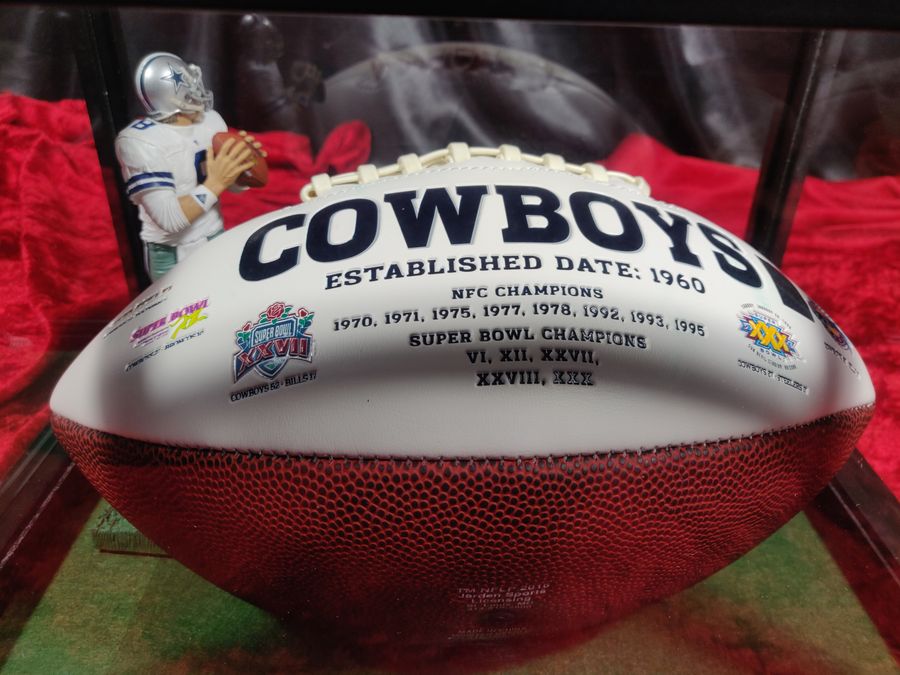 Troy Aikman Dallas Cowboys Autographed Football Shadowbox with Card and Figure
