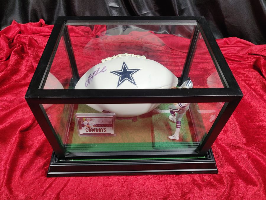 Troy Aikman Dallas Cowboys Autographed Football Shadowbox with Card and Figure