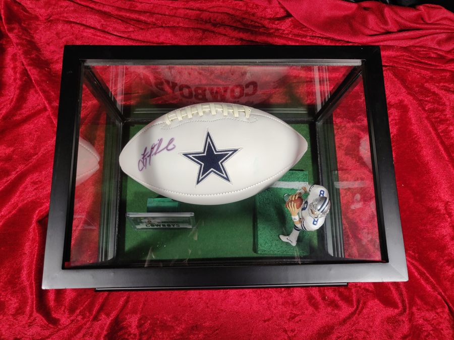Troy Aikman Dallas Cowboys Autographed Football Shadowbox with Card and Figure