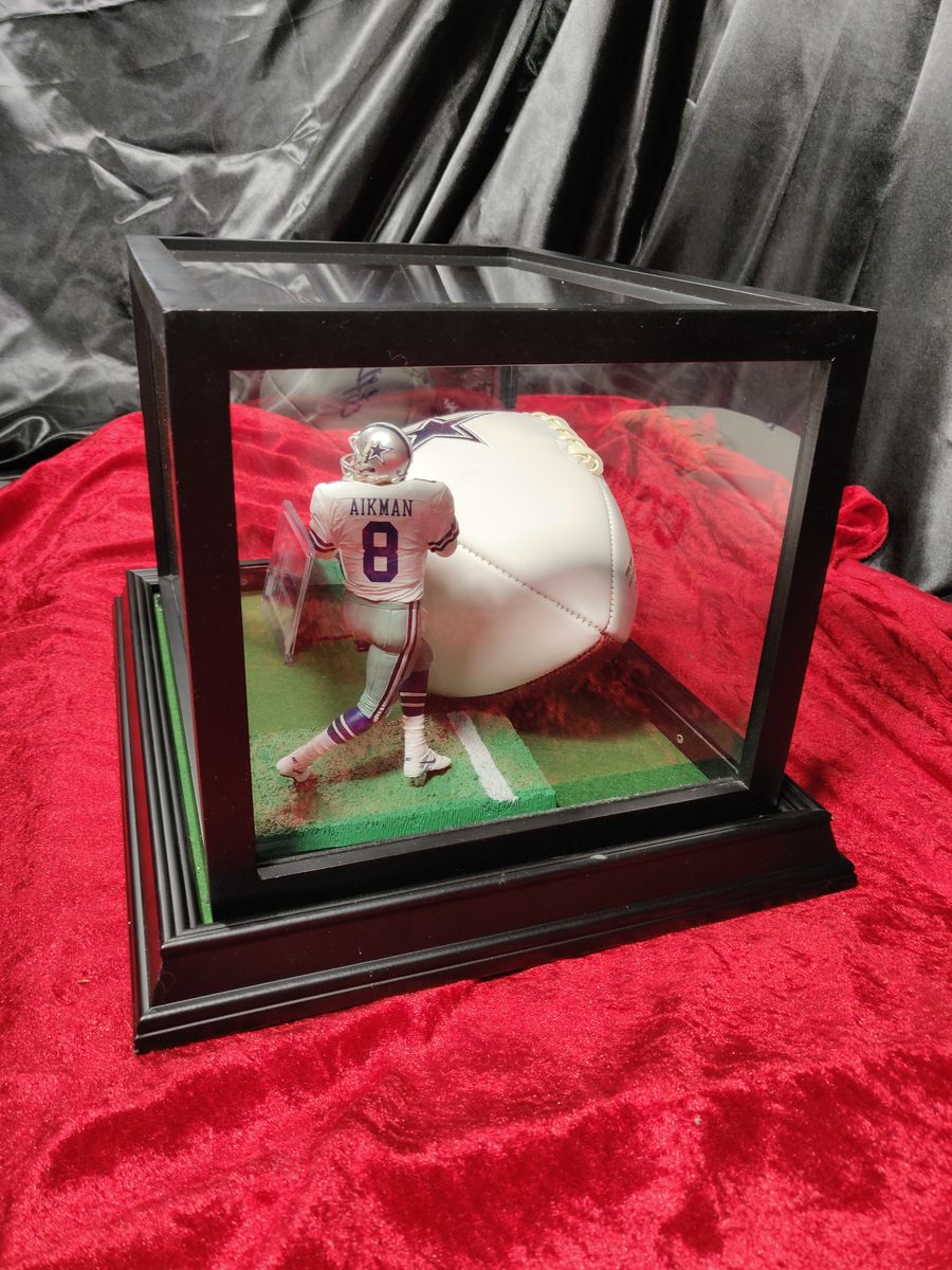 Troy Aikman Dallas Cowboys Autographed Football Shadowbox with Card and Figure