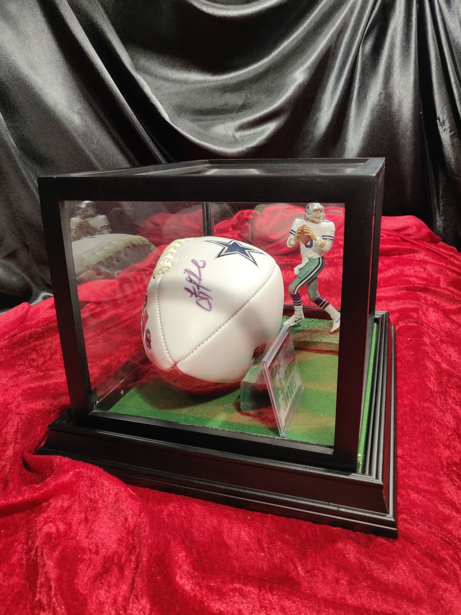 Troy Aikman Dallas Cowboys Autographed Football Shadowbox with Card and Figure