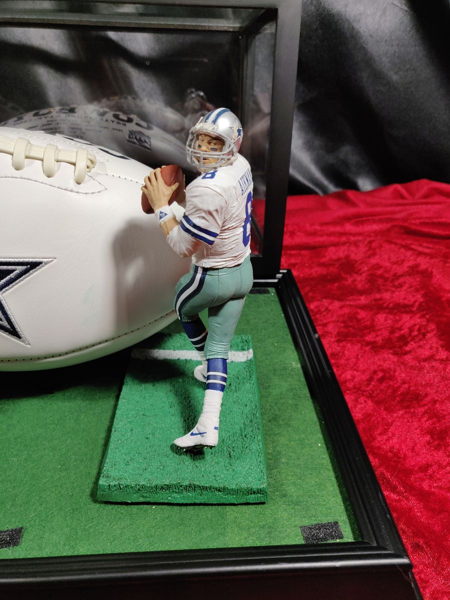 Troy Aikman Dallas Cowboys Autographed Football Shadowbox with Card and Figure