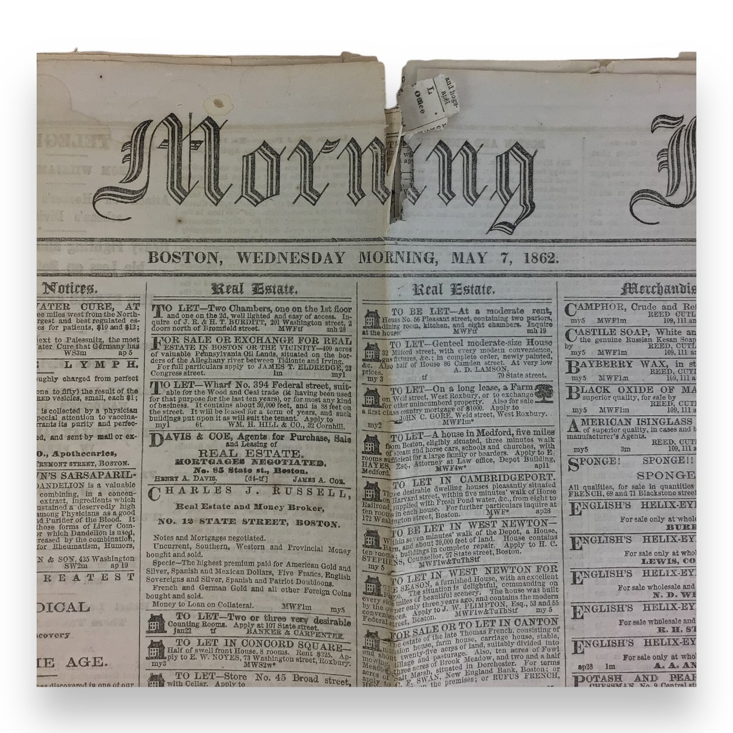 U.S. Civil War Period Newspaper – The Boston Morning Journal, May 7, 1862