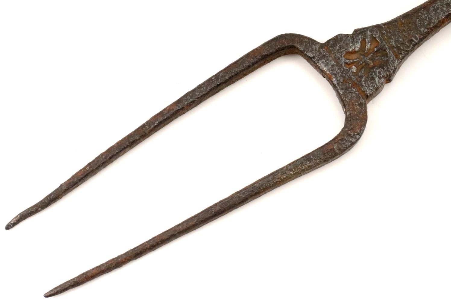 Very Cool Medieval Era Large Iron Meat Fork with Early Struck Maker's Mark. Probably English French or German, very well forged with Twisted.
