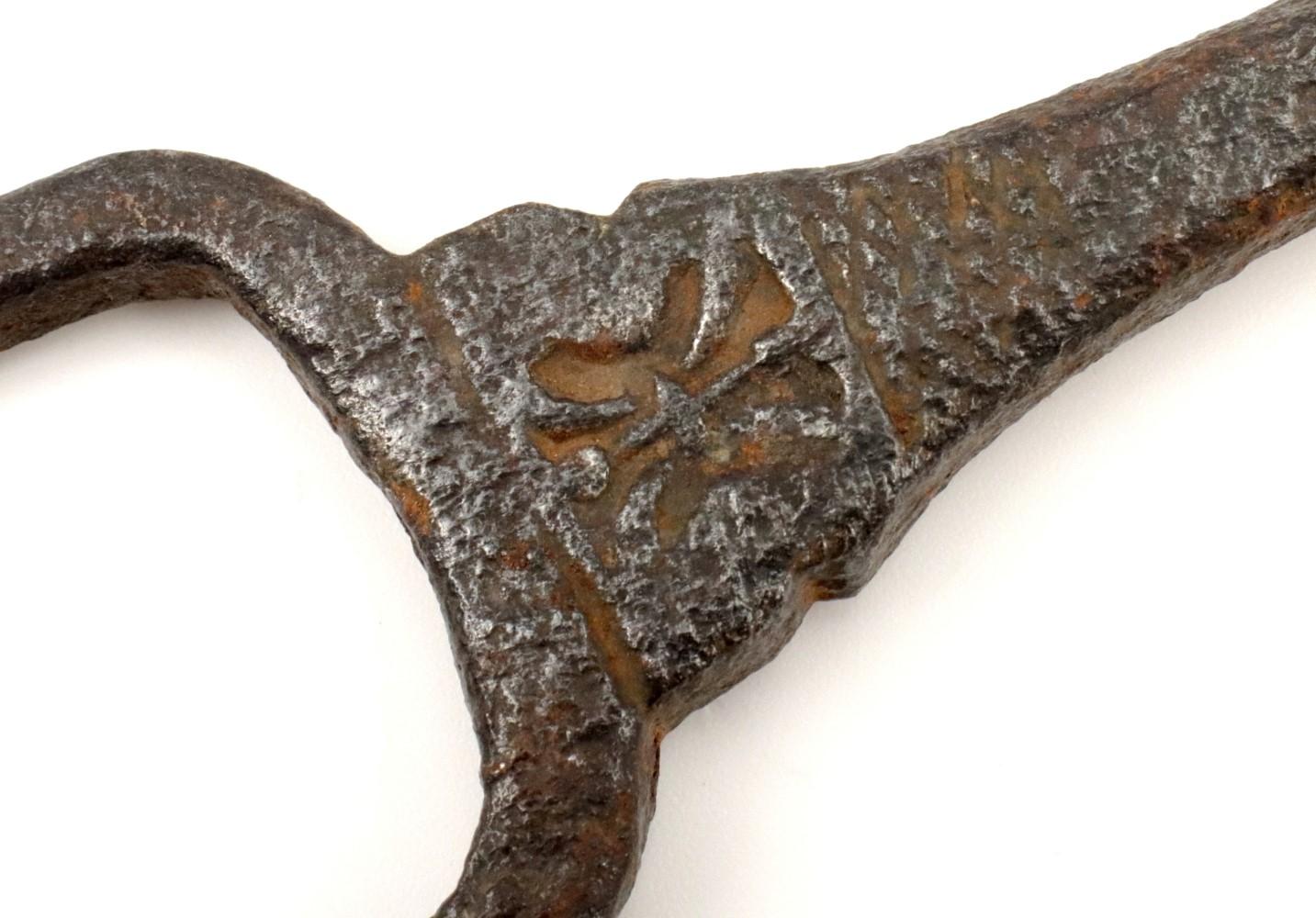 Very Cool Medieval Era Large Iron Meat Fork with Early Struck Maker's Mark. Probably English French or German, very well forged with Twisted.