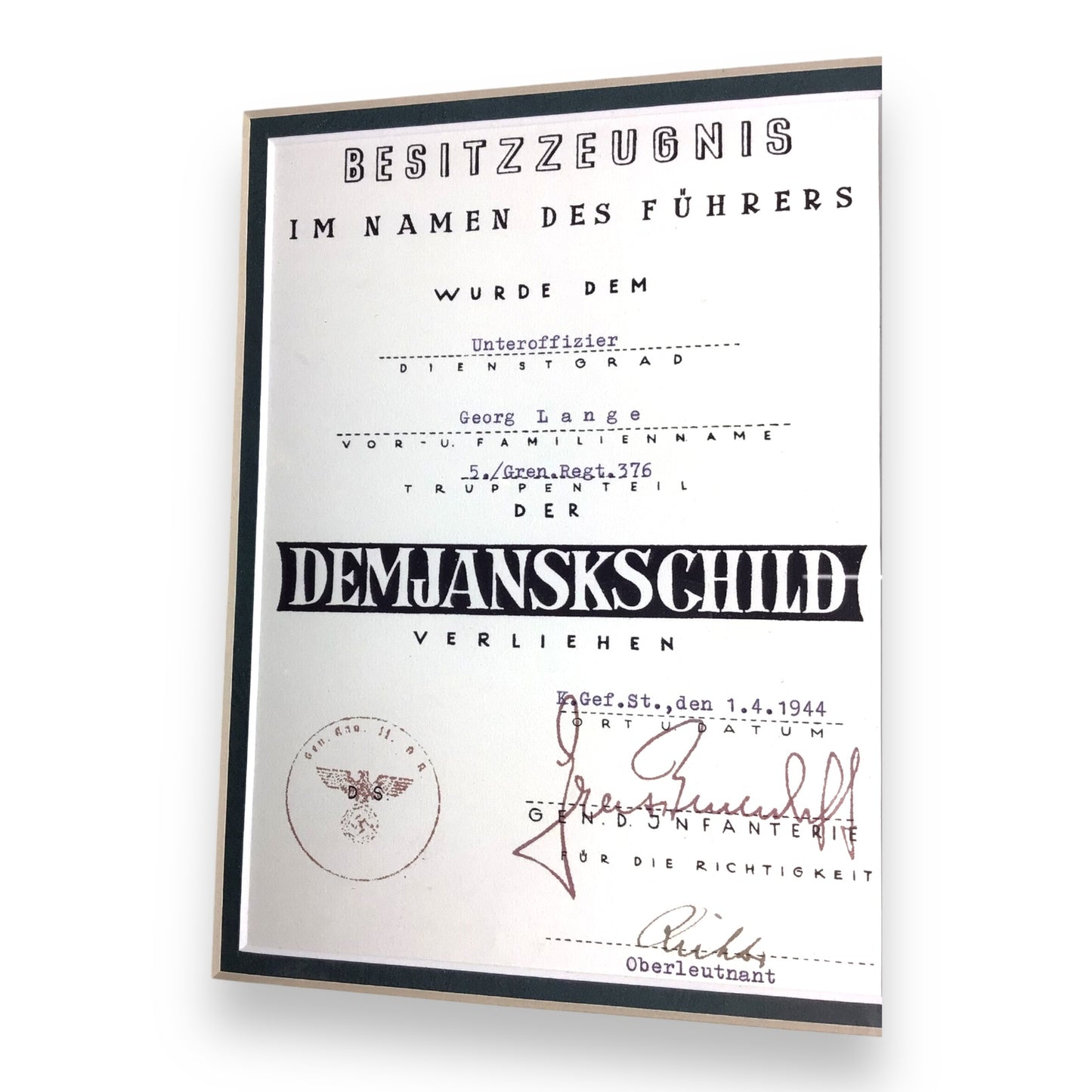 WW2 German 1942 Demyansk Shield w/ Named Certificate – Framed, Georg Lange