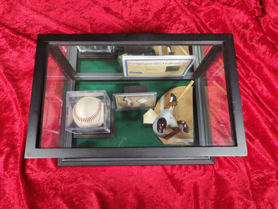 Willie Mays Shadowbox w/ Signed Baseball, Card, and Figure