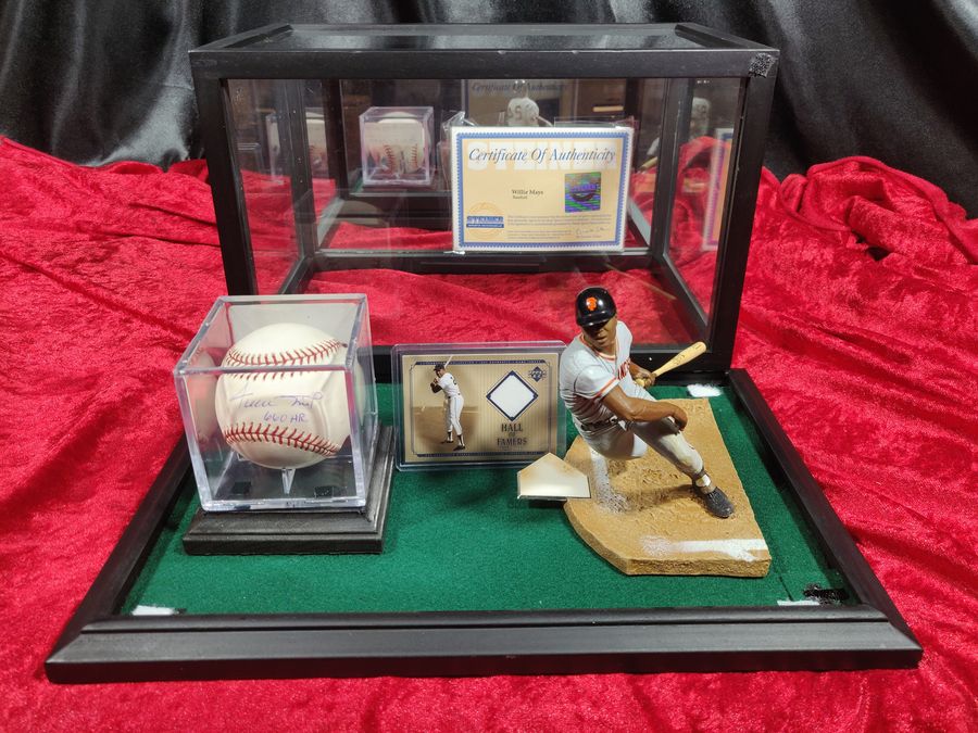 Willie Mays Shadowbox w/ Signed Baseball, Card, and Figure