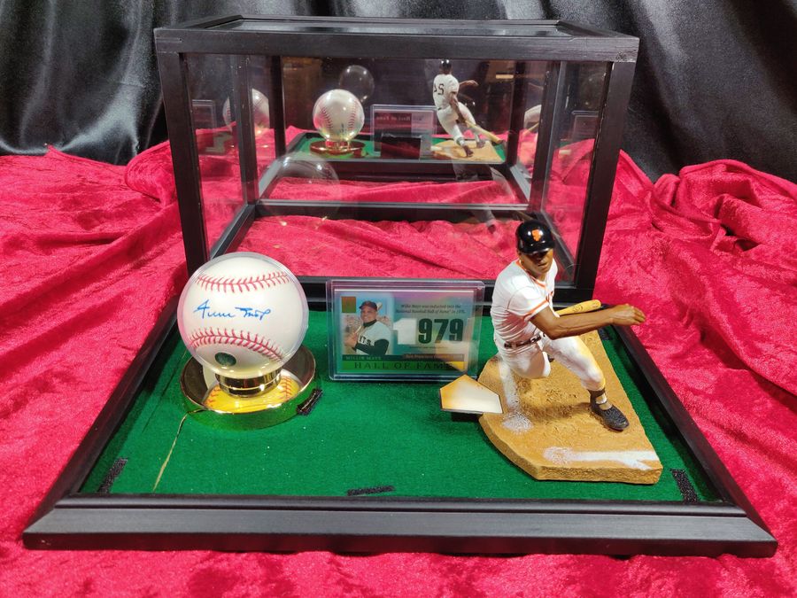 Willie Mays Shadowbox w/ Signed Baseball, Card, and Figure