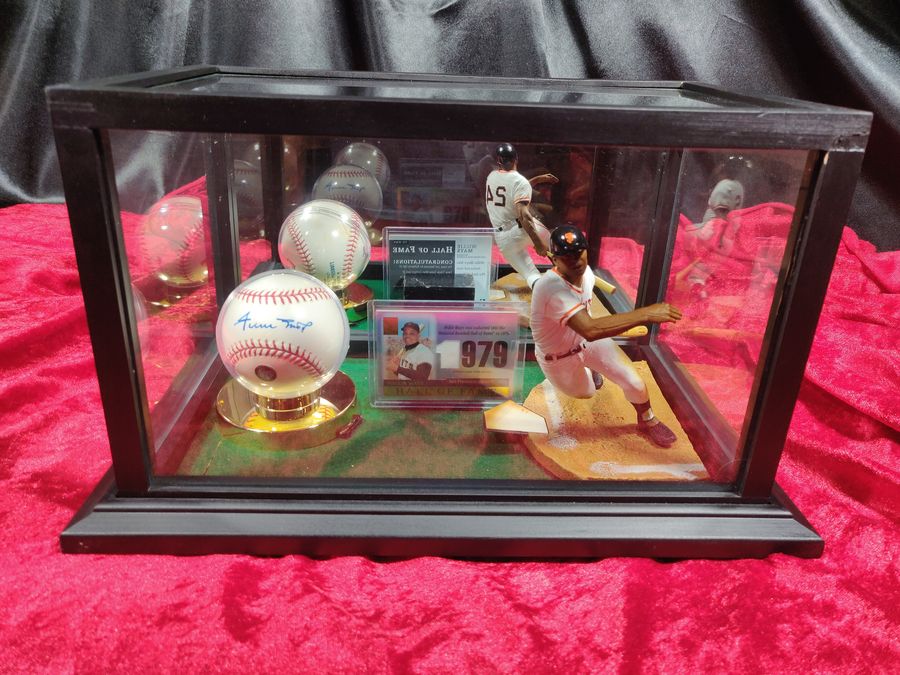 Willie Mays Shadowbox w/ Signed Baseball, Card, and Figure