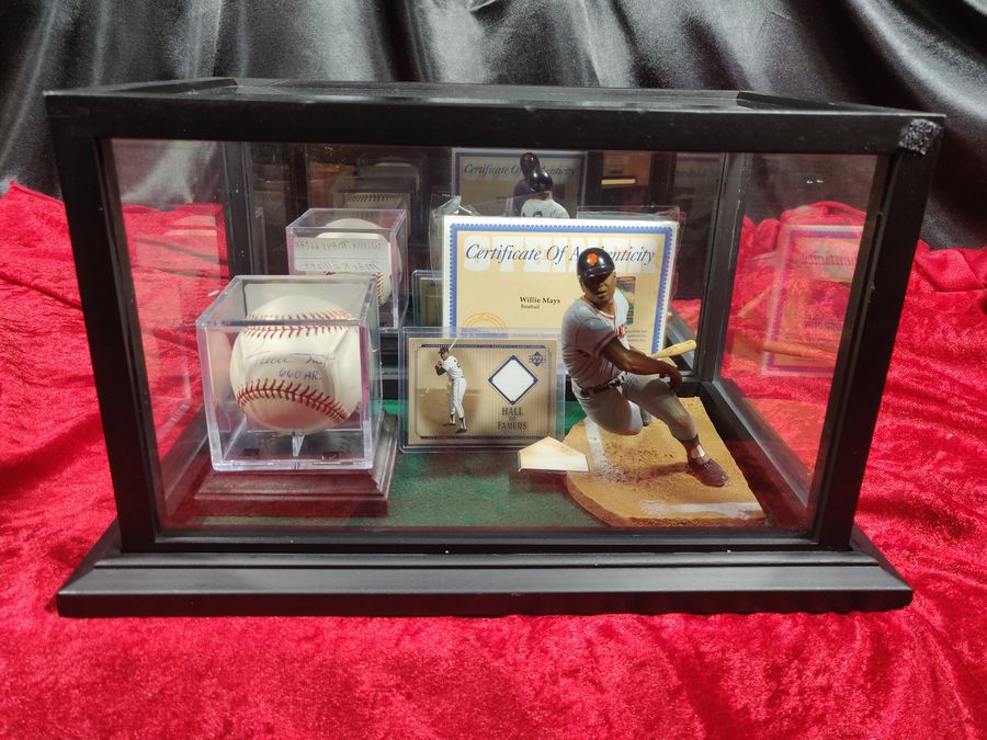 Willie Mays Shadowbox w/ Signed Baseball, Card, and Figure