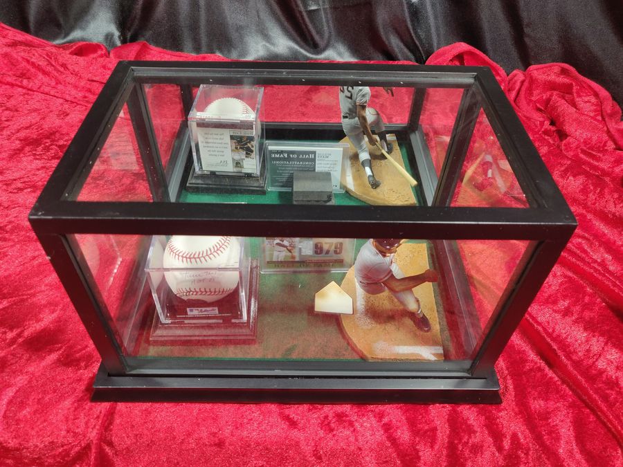 Willie Mays Signed Baseball Shadowbox Card, Figure, Jersey & "HoF 79" JSA Giants