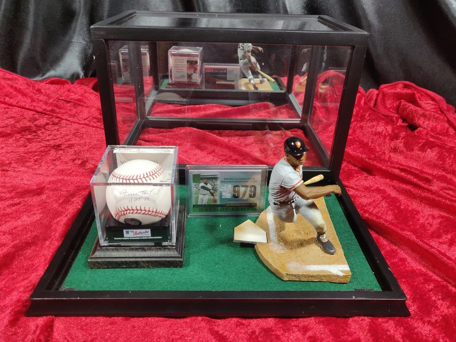 Willie Mays Signed Baseball Shadowbox Card, Figure, Jersey & "HoF 79" JSA Giants