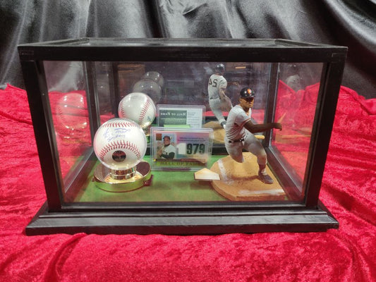 Willie Mays Signed Baseball Shadowbox w/ Card, Figure & Jersey Piece Giants