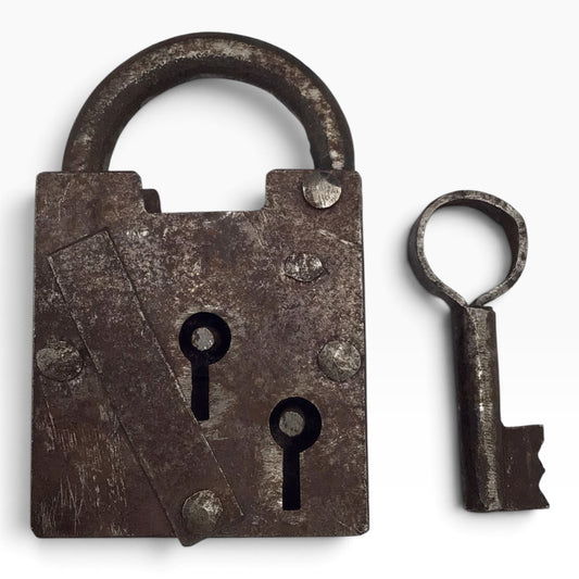 Antique Iron Padlock and Barrel Key – Wrought Iron Trick-Style Lock