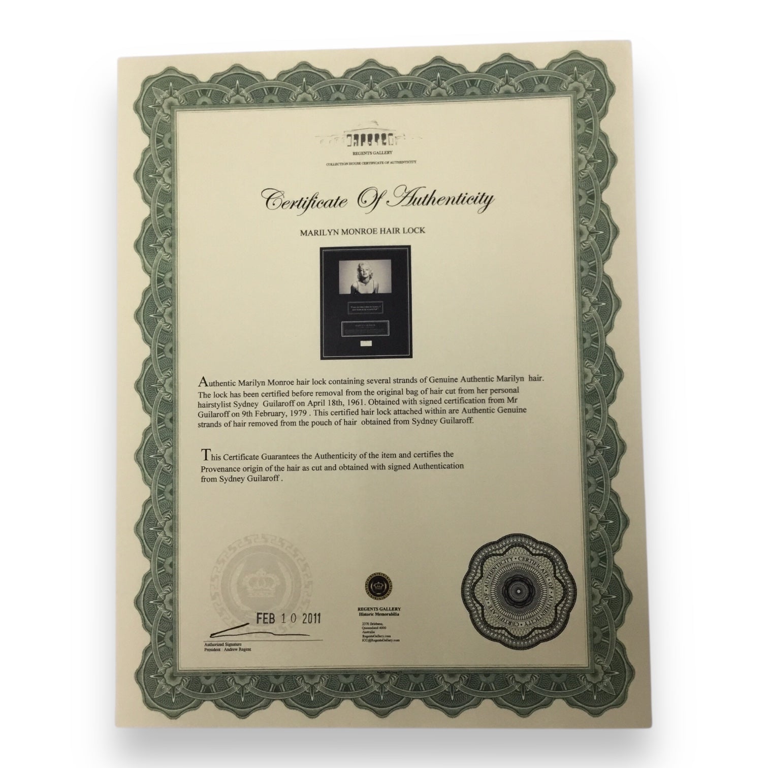 Marilyn Monroe Original Hair Lock with COA