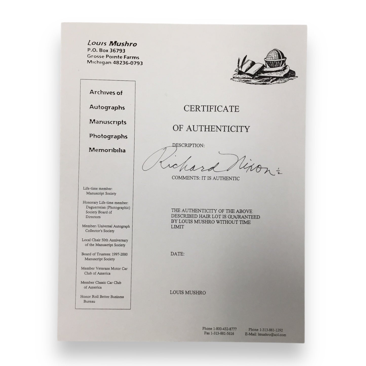 Richard Nixon Hair Clipping with COA