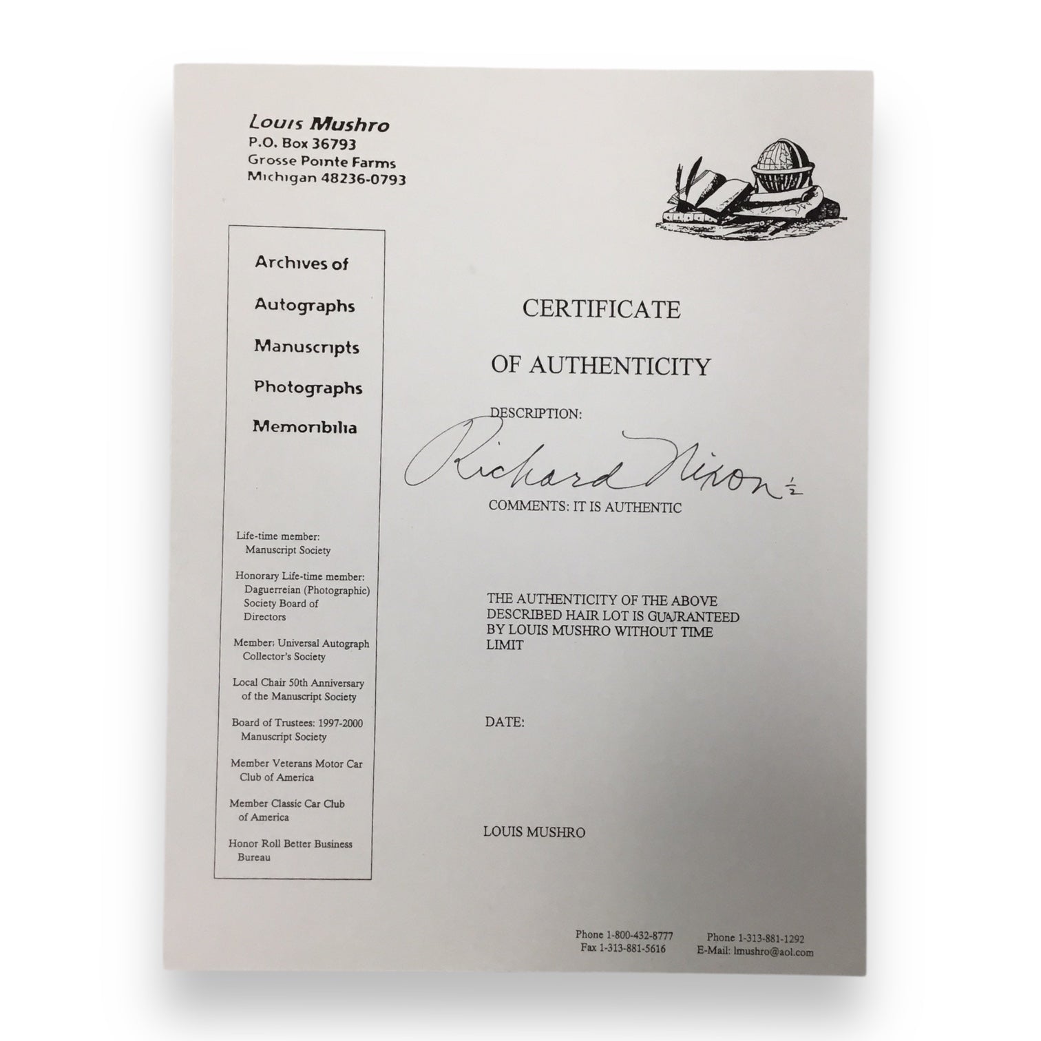 Richard Nixon Hair Clipping with COA