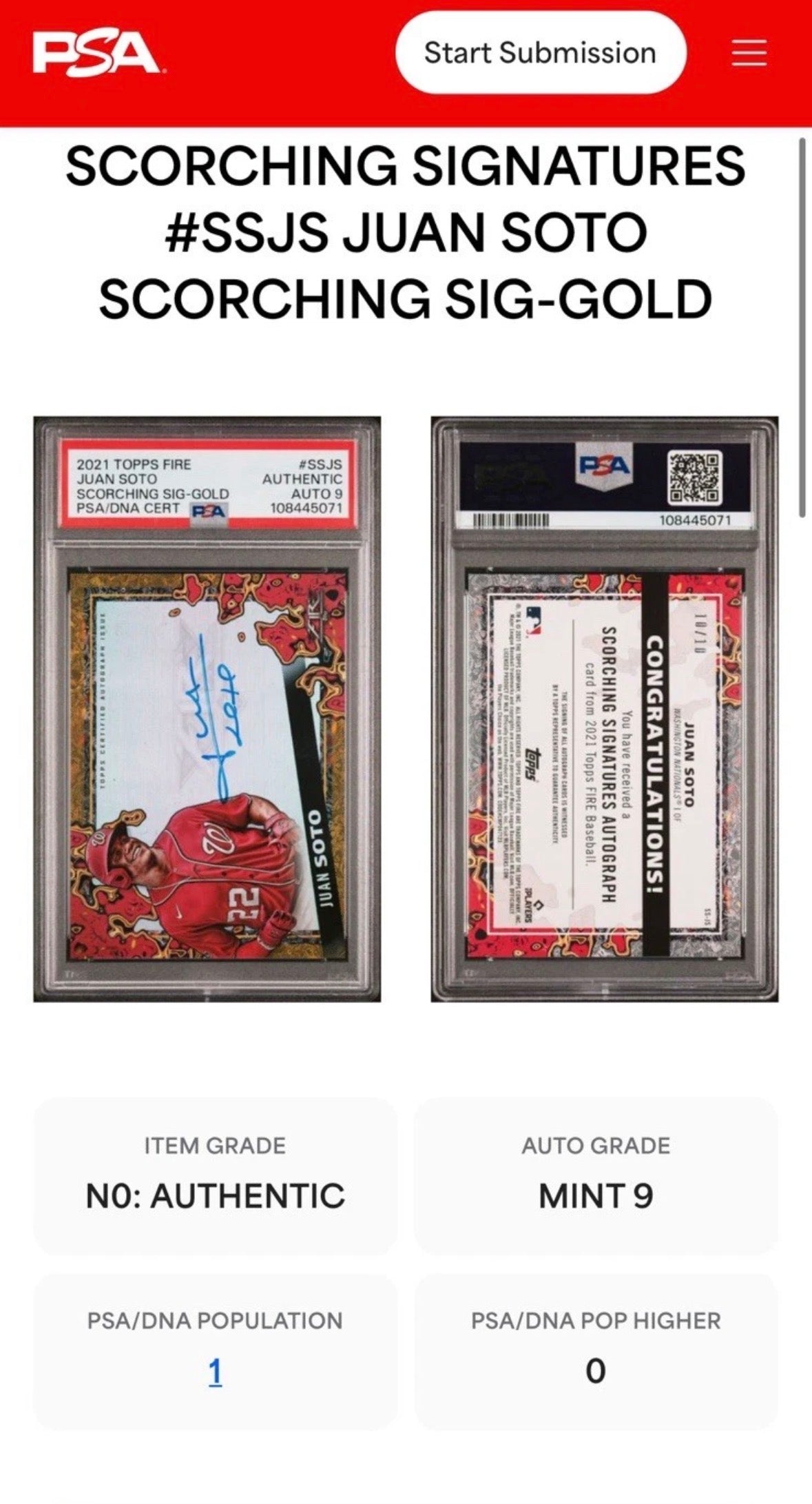 2021 Topps Fire Scorching 10/10 Signatures Gold Juan Soto PSA Auth Auto 9 - 108445071