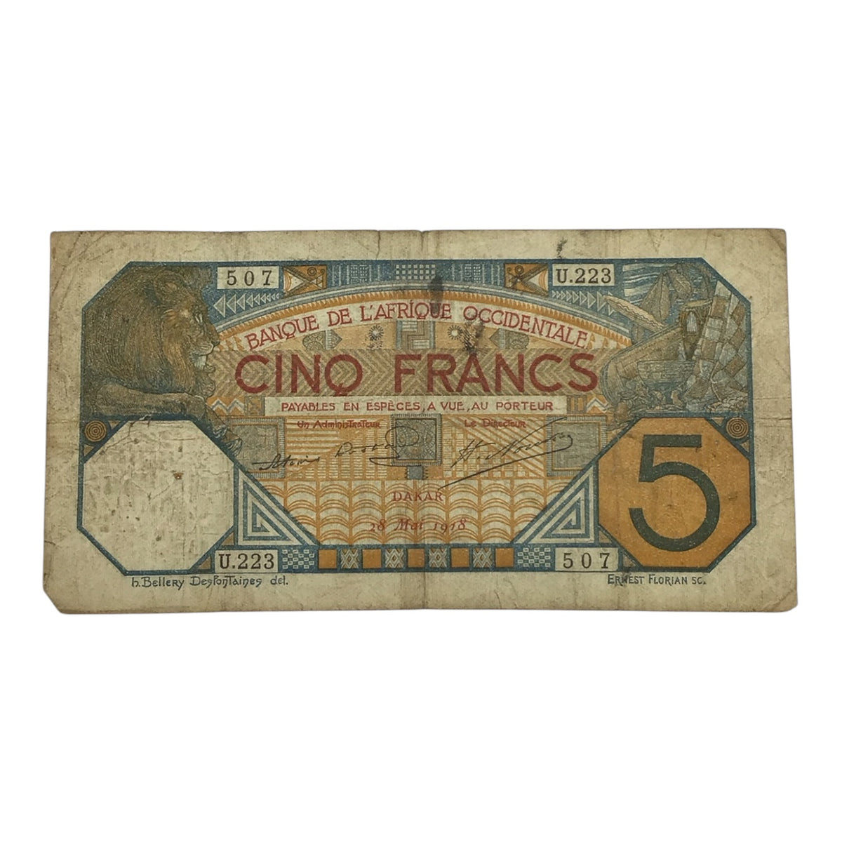 1918 Bank of West Africa 5 Francs Bill
