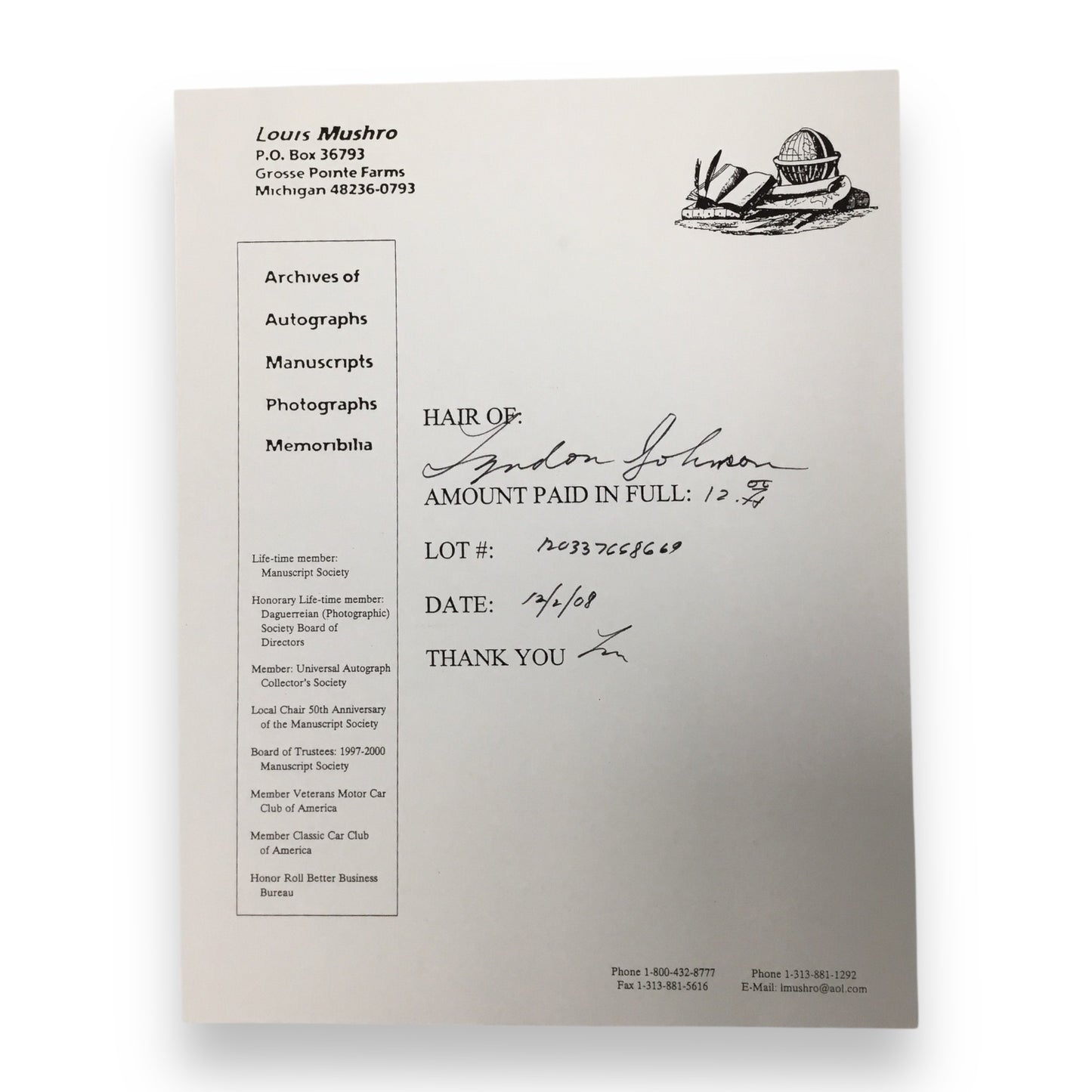 Lyndon B. Johnson Hair Clipping with COA