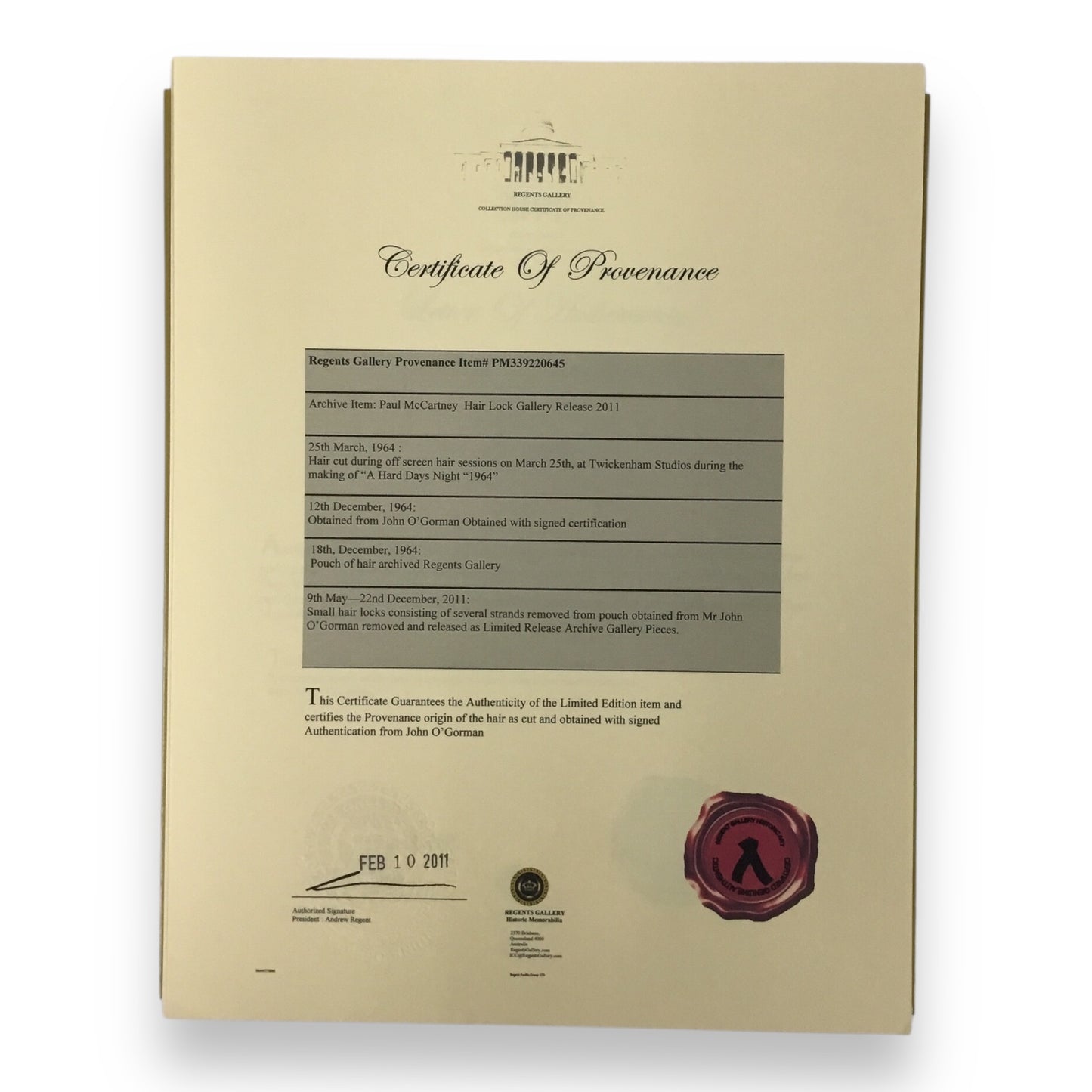 Paul McCartney Display Hair Lock & Worn Shirt Piece and COA