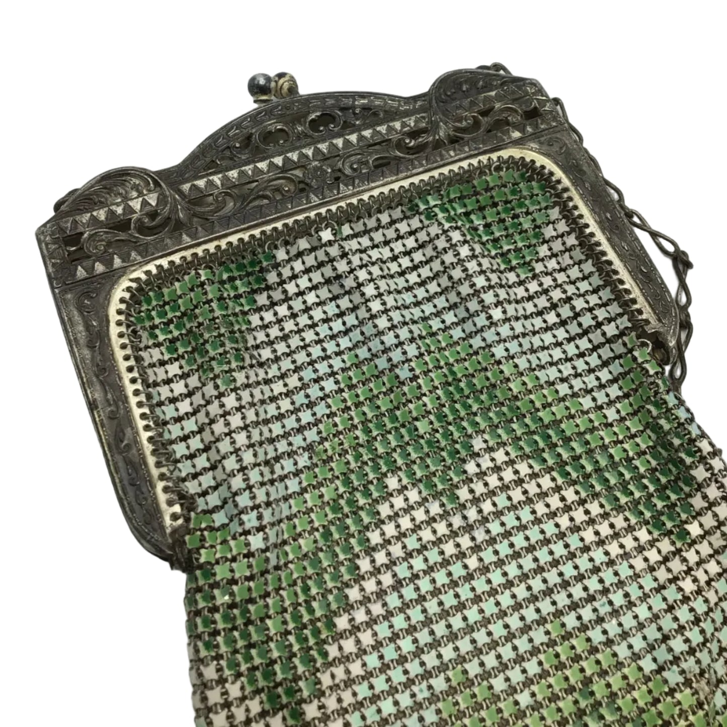 Vintage 1920s Silver & Green Metal Micro Mesh Link Purse