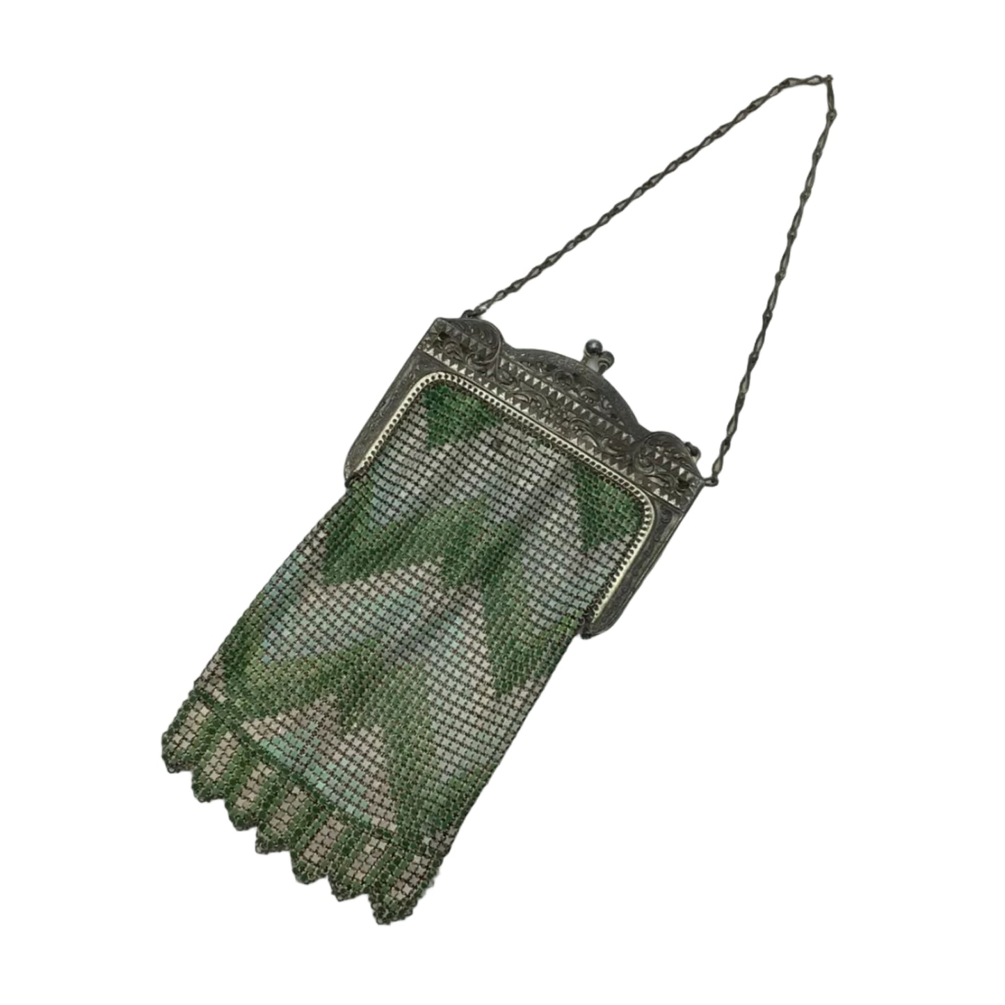 Vintage 1920s Silver & Green Metal Micro Mesh Link Purse