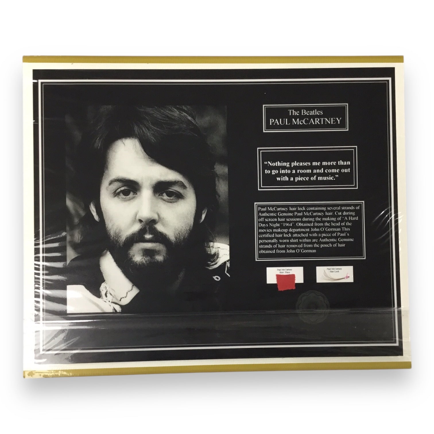 Paul McCartney Display Hair Lock & Worn Shirt Piece and COA