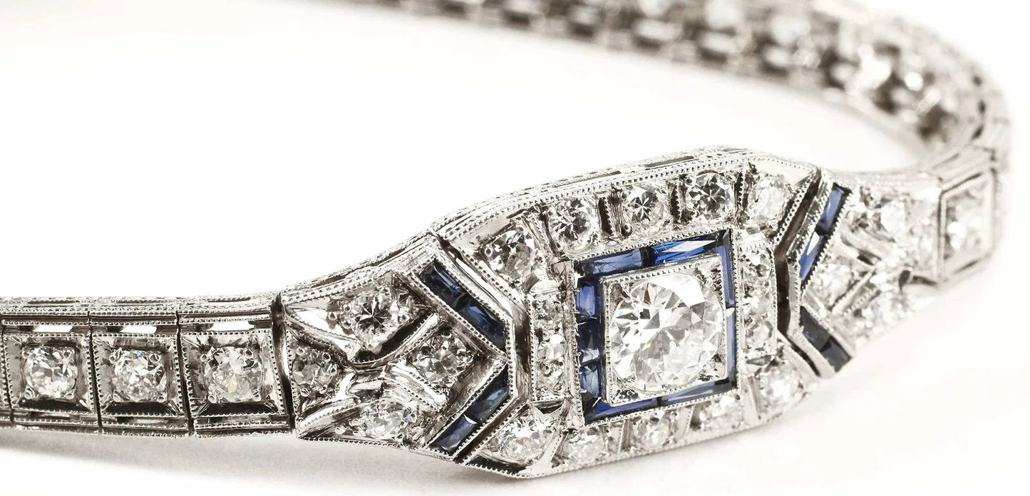 Art Deco Style Platinum Diamond Link Bracelet | Over 3 Carats Total Diamond Weight | Sapphire Accents