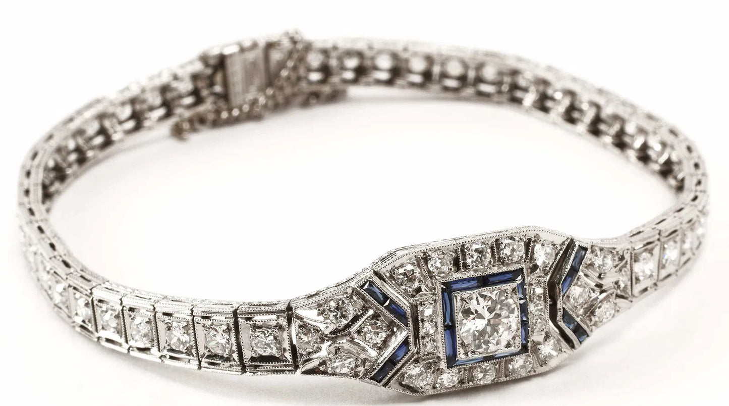 Art Deco Style Platinum Diamond Link Bracelet | Over 3 Carats Total Diamond Weight | Sapphire Accents