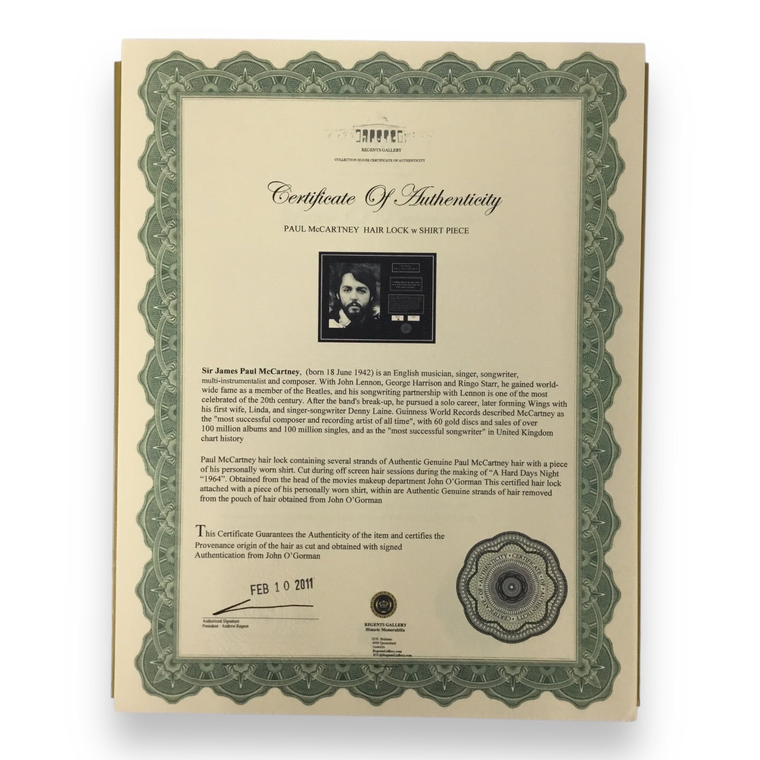 Paul McCartney Display Hair Lock & Worn Shirt Piece and COA