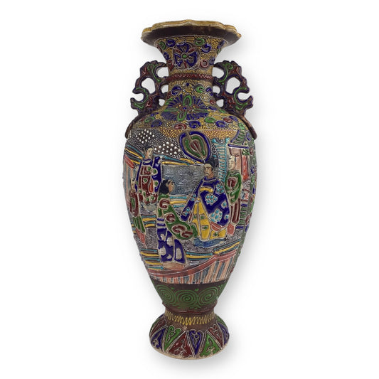 1870s Satsuma Meiji Era Two-Eared Temple Urn Vase – 18" Hand-Painted