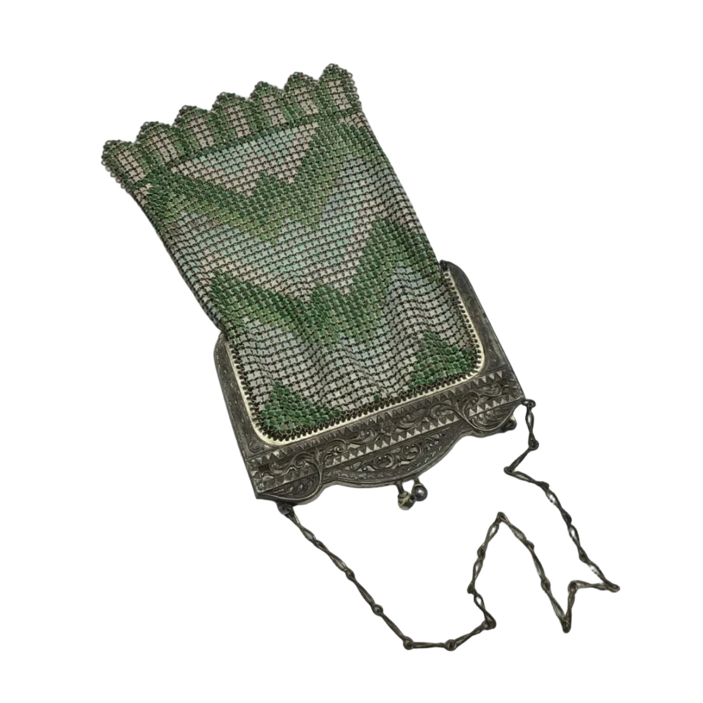 Vintage 1920s Silver & Green Metal Micro Mesh Link Purse