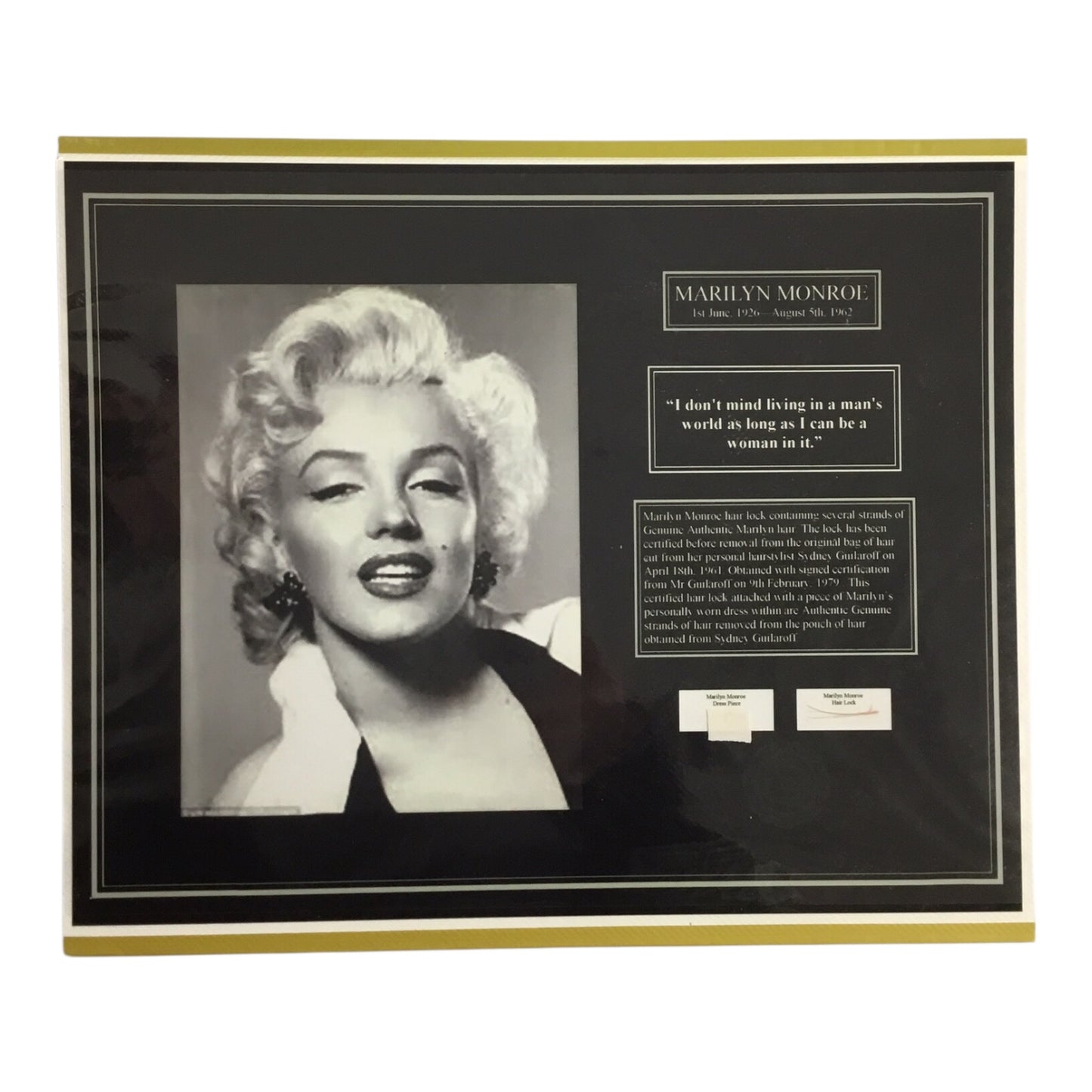 Marilyn Monroe Original Hair Lock with Used Dress Piece and COA