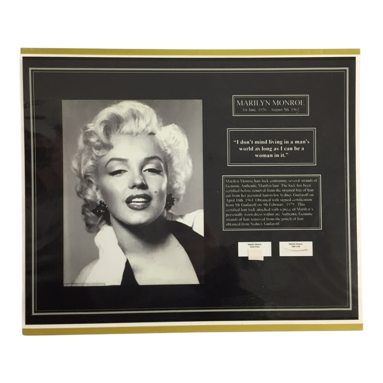 Marilyn Monroe Original Hair Lock with Used Dress Piece and COA