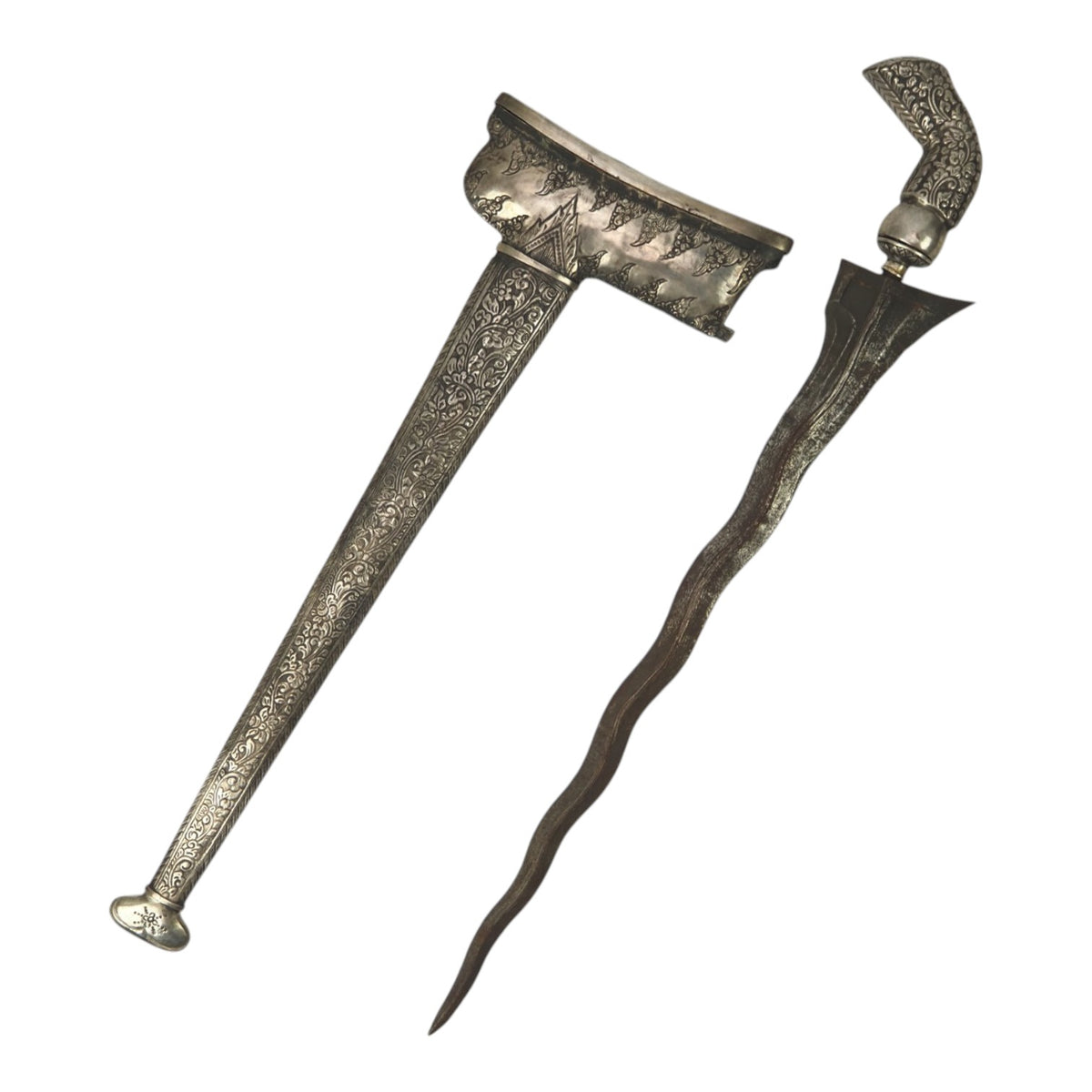 18th–19th C. Javanese Keris Kris with All-Silver Scrollwork Sheath & Hilt
