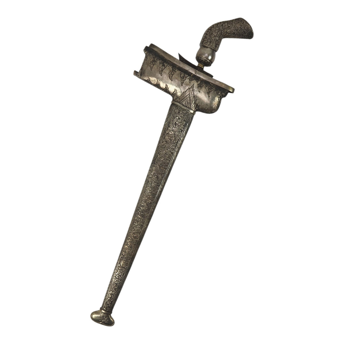 18th–19th C. Javanese Keris Kris with All-Silver Scrollwork Sheath & Hilt