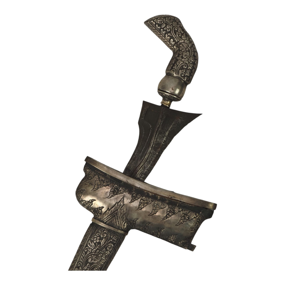 18th–19th C. Javanese Keris Kris with All-Silver Scrollwork Sheath & Hilt
