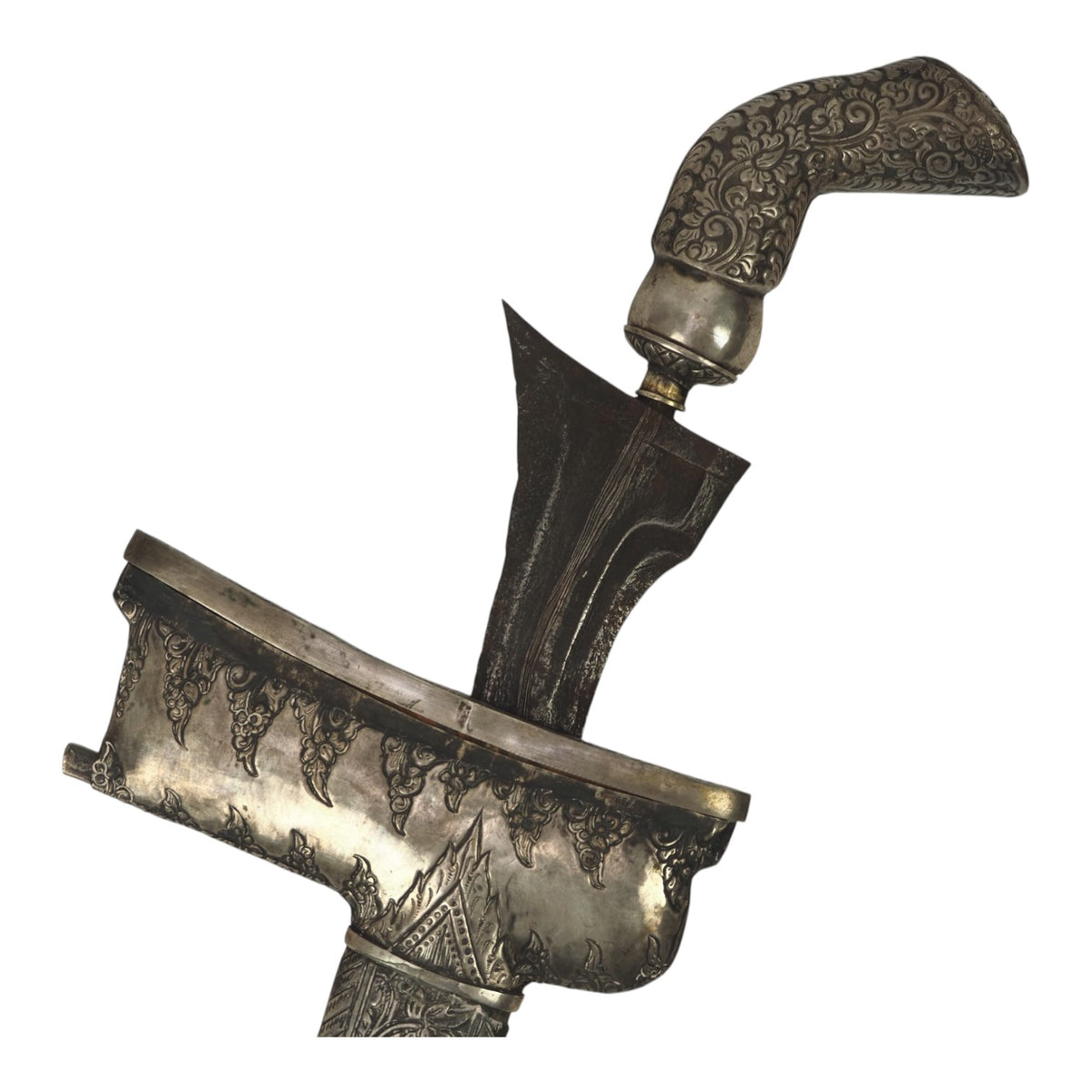18th–19th C. Javanese Keris Kris with All-Silver Scrollwork Sheath & Hilt