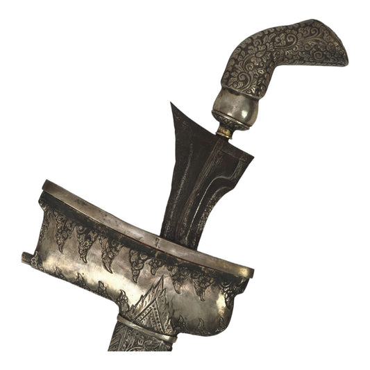 18th–19th C. Javanese Keris Kris with All-Silver Scrollwork Sheath & Hilt