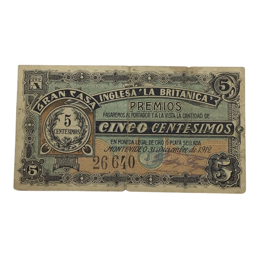 1912 Gran Casa Inglesa 'La Britanica' 5 Centesimos Bill