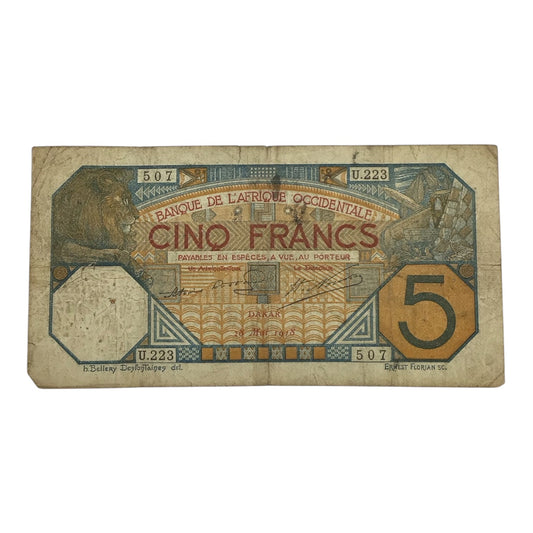 1918 Bank of West Africa 5 Francs Bill